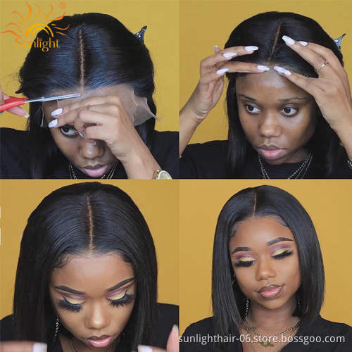 Gros commerce Bob Perruque de 2x6fermeture bresilienne sans colle vrai Remy humaine chevuex bresilien/Indien haute qualite Bob